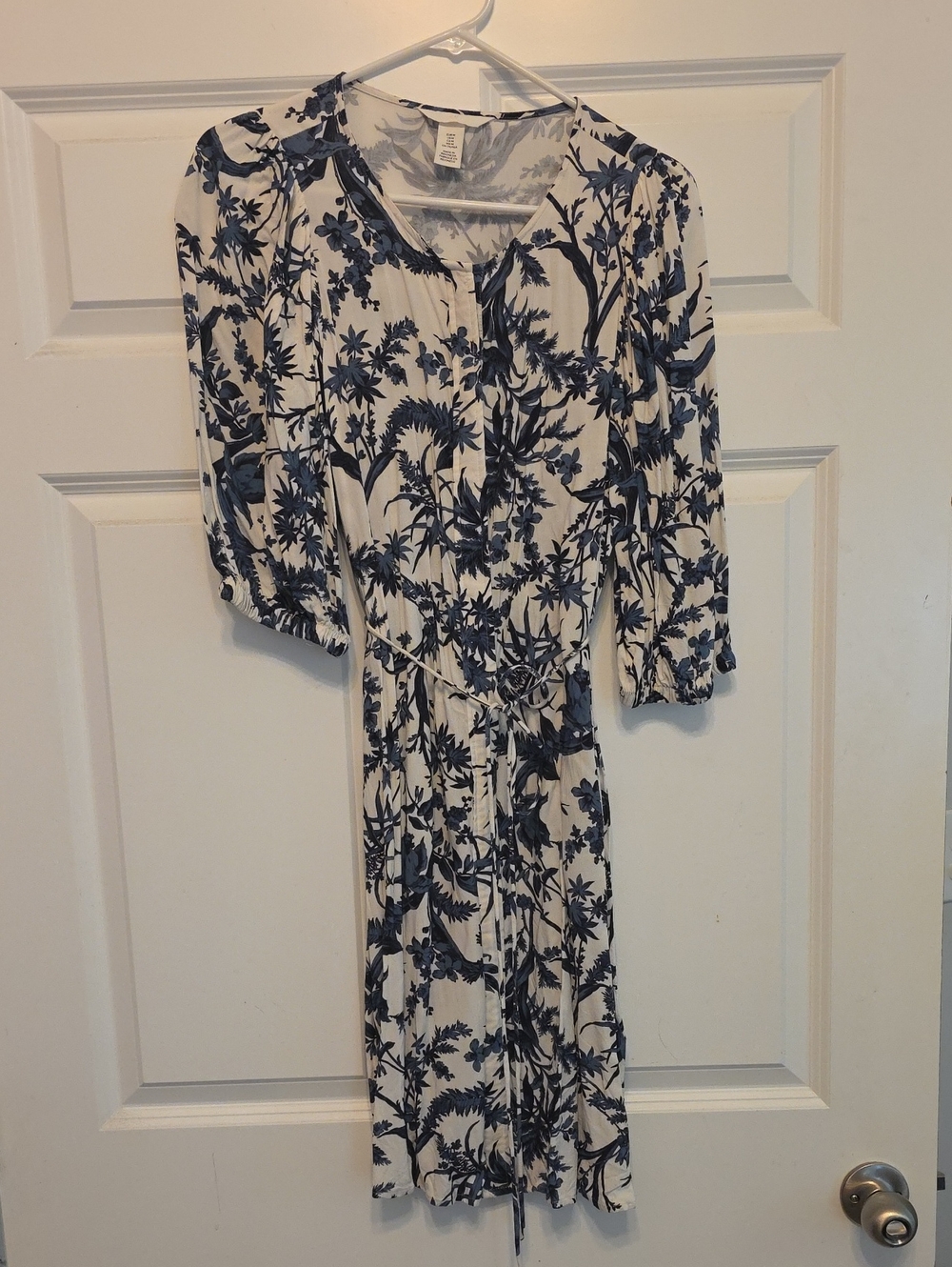 H&M White Dress with Navy Floral Print, Midi Tie-Waist